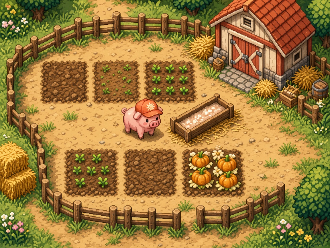 pixel farm, tiny pig, same hat